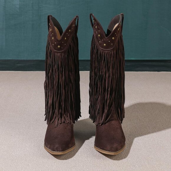 AMOJI Women Brown Western Cowboy Boots Pointed Toe Mid Calf Cowgirl - Picture 5 of 7